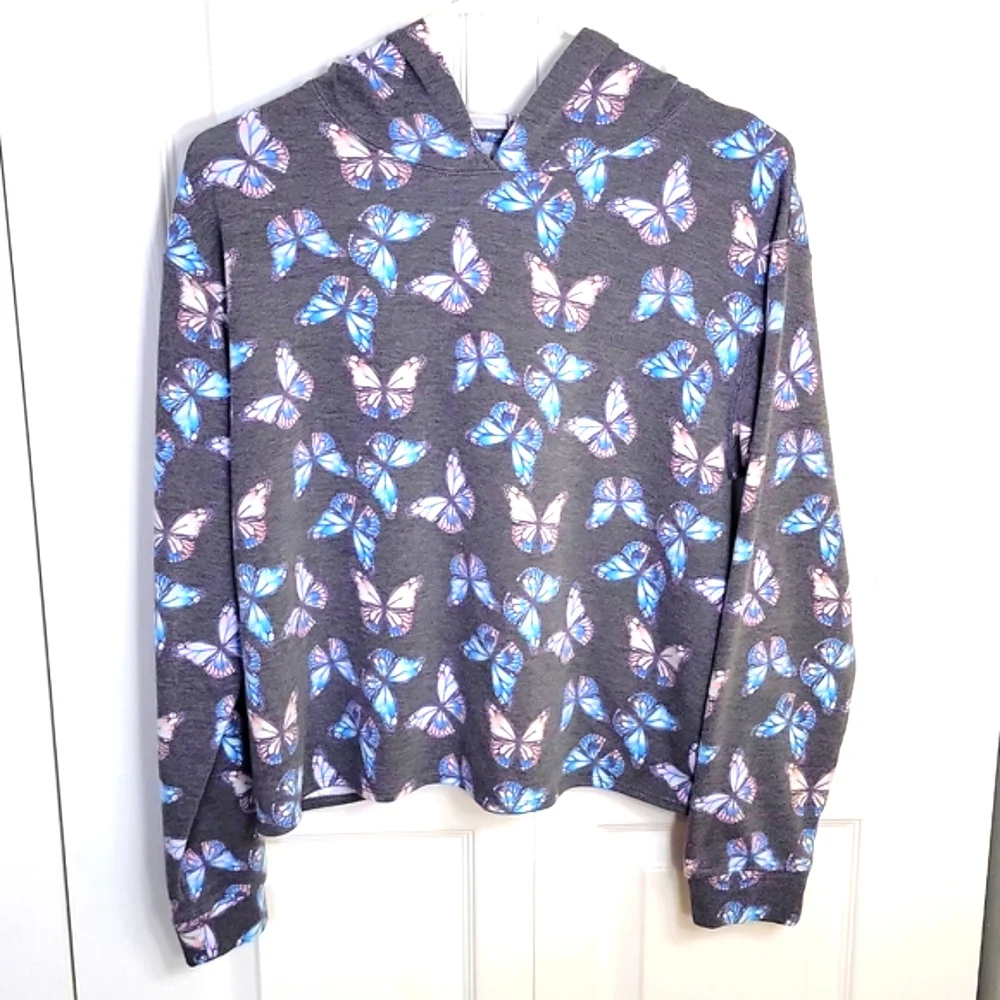 Art Class Girls Butterfly Print Hoodie Sweatshirt Grey Long Sleeve XL 14/16